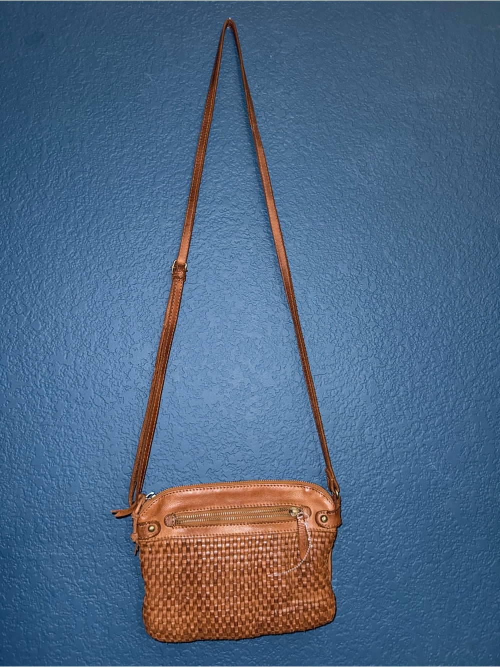 Woven Tan Crossbody Bag with Front Zip Pocket